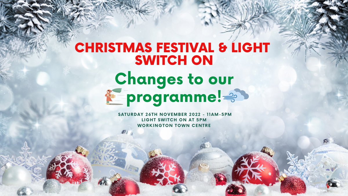 Owing to tomorrow's forecast (wind!), we've made some CHANGES to our Christmas Festival and Light switch-on programme 👉 visitworkington.co.uk/christmasfesti… #workington #allerdale