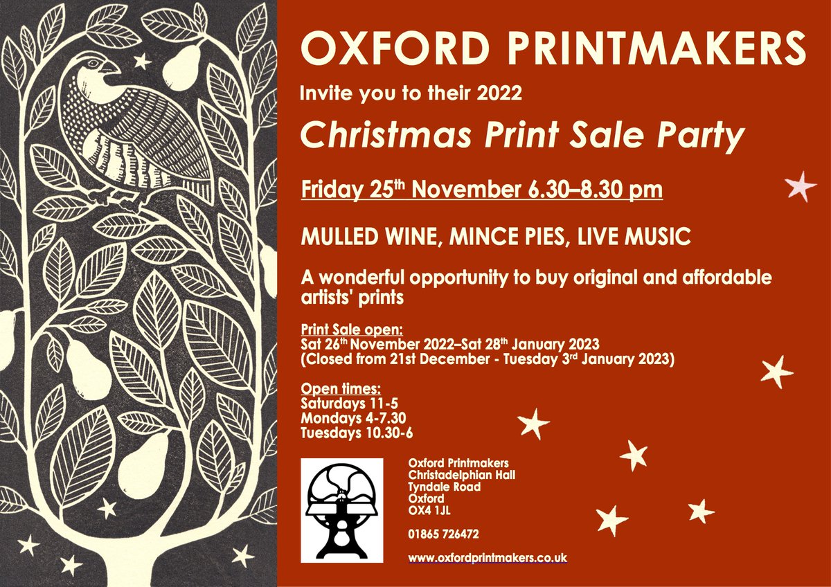 Our annual #printsale opening with our fabulous Christmas Print Sale Party this evening, 6.30-8.30 pm.

Come to say hello if you're in #Oxford! The sale continues right up to end of January 2023.

#buylocal #originalart #printmaking #Christmas #greetingcards