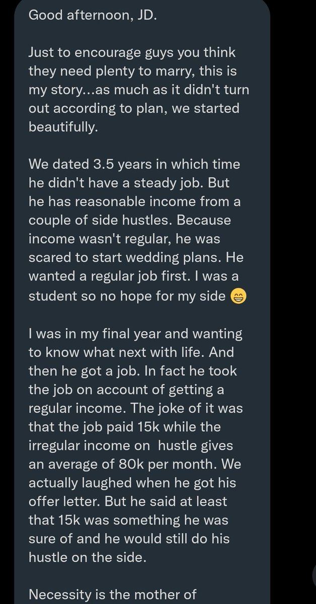jon_d_doe's tweet photo. For men who think they must have all the money before they find a wife.

Here is something from a woman. 👇 https://t.co/sPNCNdx7wz