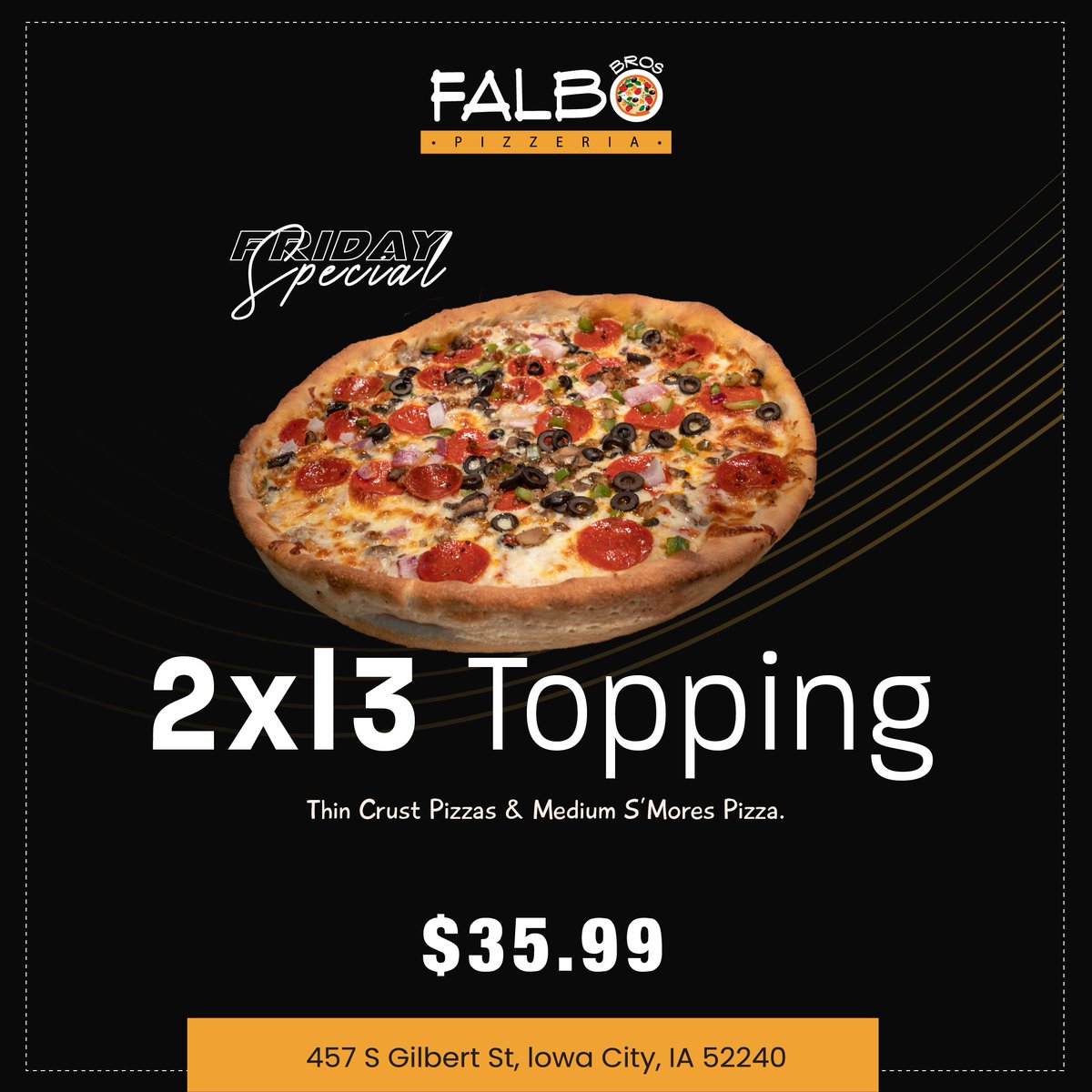 realFalbosIC's tweet photo. Every Friday is special with the best deal from Falbos! Order 2 XL 3 topping thin crust pizzas and a medium S'Mores Pizza all for $35.99!
https://t.co/gpB0camUkt

#FridaySpecial #Pizza #ThinCrust #2XL3Topping #OrderOnline #Iowacity #FalboBros #Restaurant #FridayOffer https://t.co/82DBYhJ7vG