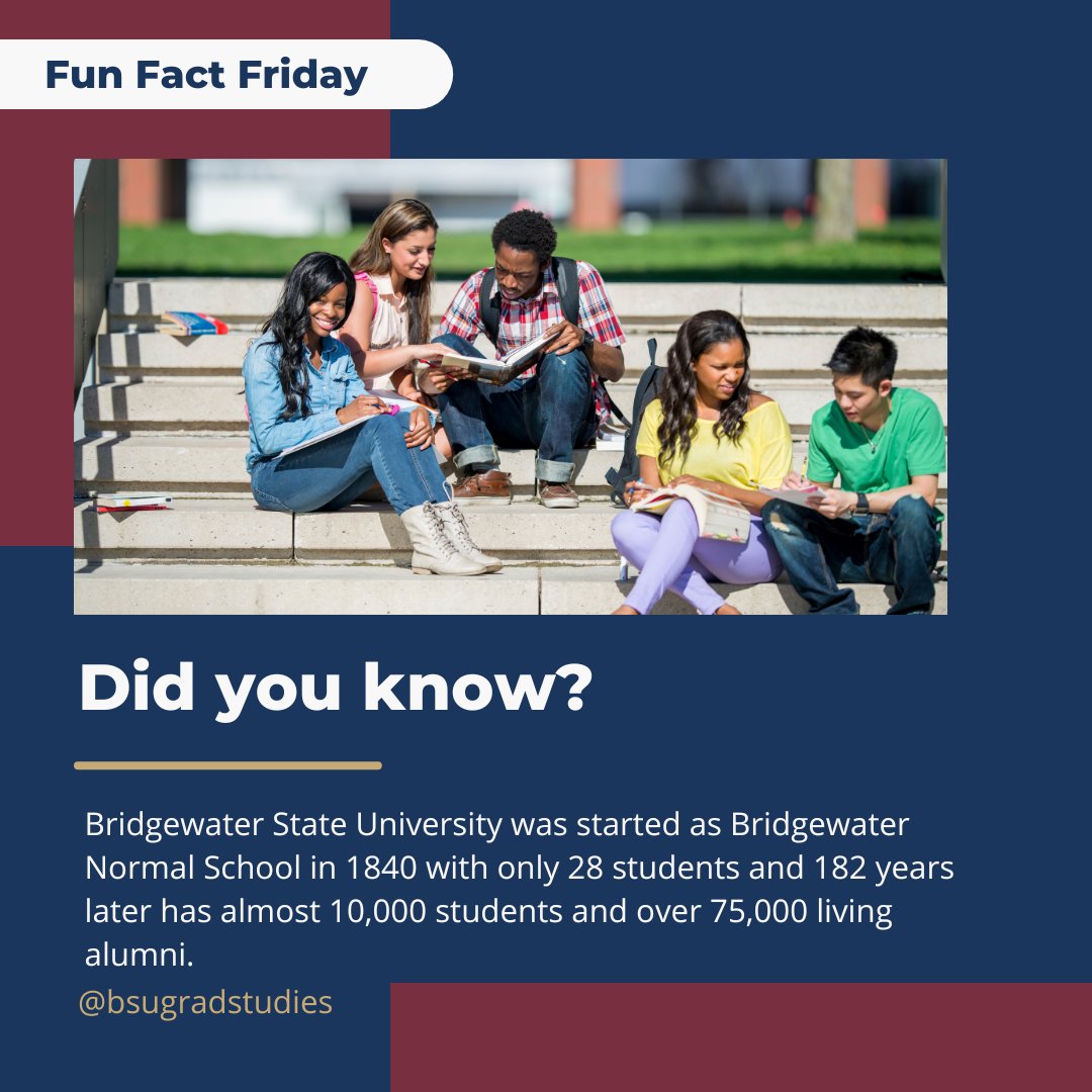 BSU_Grad's tweet photo. Did you know? Bridgewater State University was started as Bridgewater Normal School in 1840 with only 28 students and 182 years later has almost 10,000 students and over 75,000 living alumni.

#BSULife #BSUGradStudent #GradStudies #History #FunFactFriday https://t.co/piXA7KT0Bg