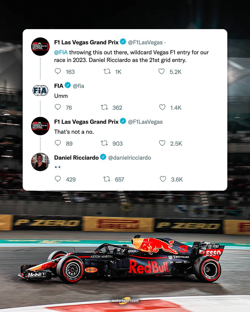 Motorsport's tweet photo. Who wants to see Daniel Ricciardo lining up as the 21st driver on the grid in Vegas? 🎲🏎️

#F1 #RedBullRacing #LasVegasGP #Motorsport https://t.co/0twg4nsLPt