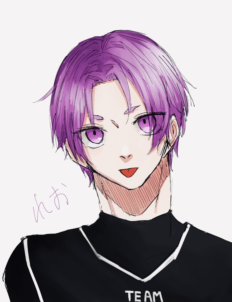 1boy purple hair tongue male focus solo tongue out white background  illustration images