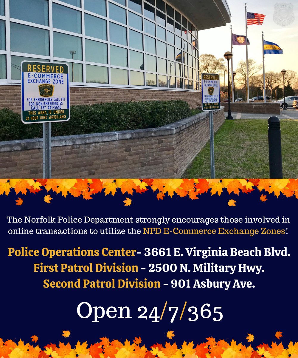 NorfolkPD's tweet image. Making online purchases &amp;amp; need a safe place to make the exchange? Use #NorfolkPD&apos;s 24-hour video surveillance E-Commerce Exchange Zones. 

We keep a special 👀 on these areas all year long.