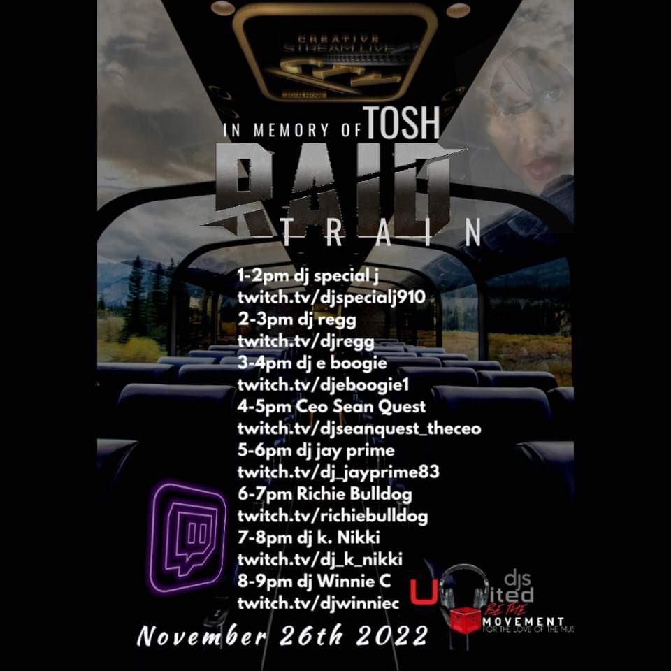 CharJ50's tweet photo. Join us tomorrow Saturday November 26th for The CTV Raid Train In Memory of Tosh..#toshstrong #futurelatosha #ctv #ctvraidtrain #creativestreamlive #celebration #oneyearago #ctvallstars #music #life #tunes #jams #twitch https://t.co/955JAD04oA