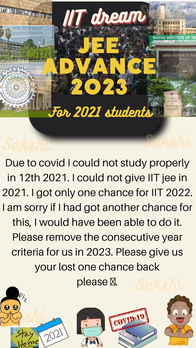 Sakshi78164620's tweet photo. #2021PassoutWantJEEAdv23
#jeeadvance2023
Please remove the consecutive year criteria for us in 2023. Please give us your lost one chance back.pls 🙏
@iitdelhi
 @IITGuwahati @iitmadras @Director_IITR @IITKgp @IITKanpur @nitrourkela @NITJaipur
@EduMinOfIndia @iitbombay  @iitmadras https://t.co/RNiK1JRt0u