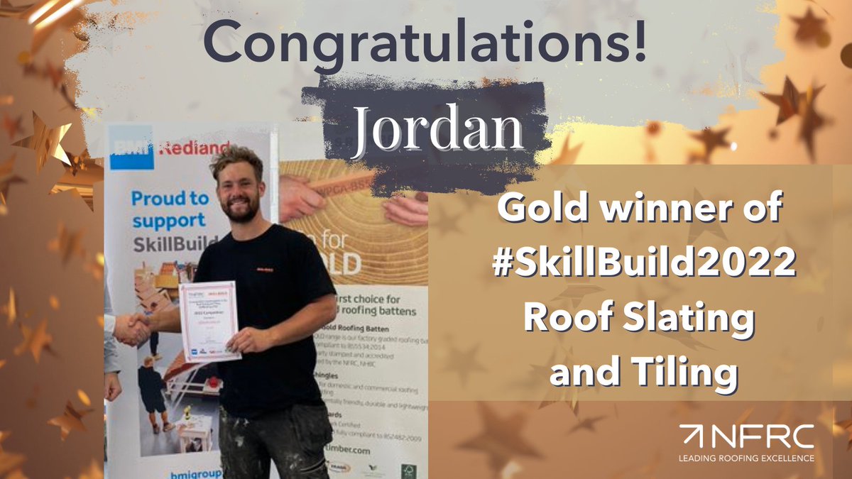 Congratulations to Jordan Maley, of South Lanarkshire College, gold medal winner at #SkillBuild2022: Roof Slating &amp; Tiling. Well done to the runners up: silver winner Jacob Blight &amp; and bronze winner Kyran Sharlotte. 
Where could your #roofingcareer take you?
<a href="/GoConstructUK/">Go Construct</a>