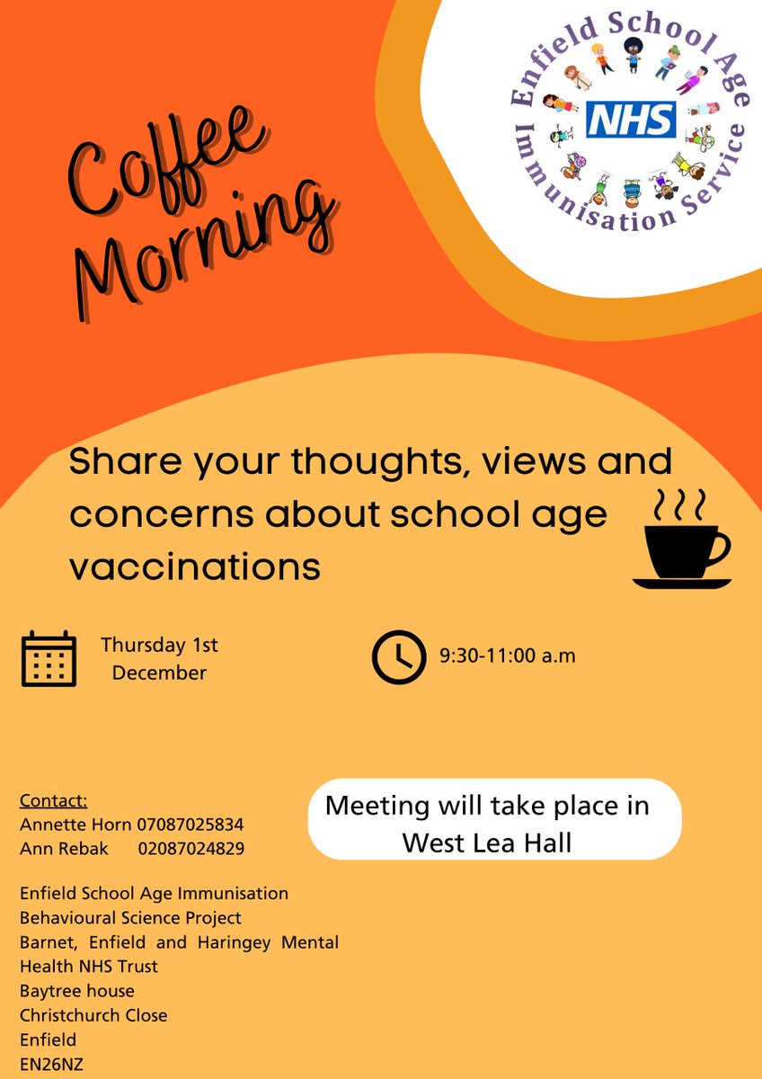 Join us on Thursday at 9.30am at <a href="/HaselburyCampus/">Haselbury Campus</a> 
and share your thoughts, feelings and concerns about school age vaccinations with the Enfield School Immunisation Team. There will be a biscuit or two 😉 🍪☕️