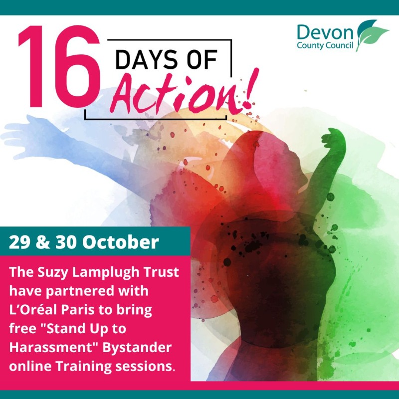 DevonCC's tweet photo. Would you know what to do if you saw someone being harassed?

Join the free "Stand Up to Harassment" online training sessions which drive awareness of harassment and empowers individuals to help defuse situations, discourage harassers, and support victims.

#16DaysOfAction