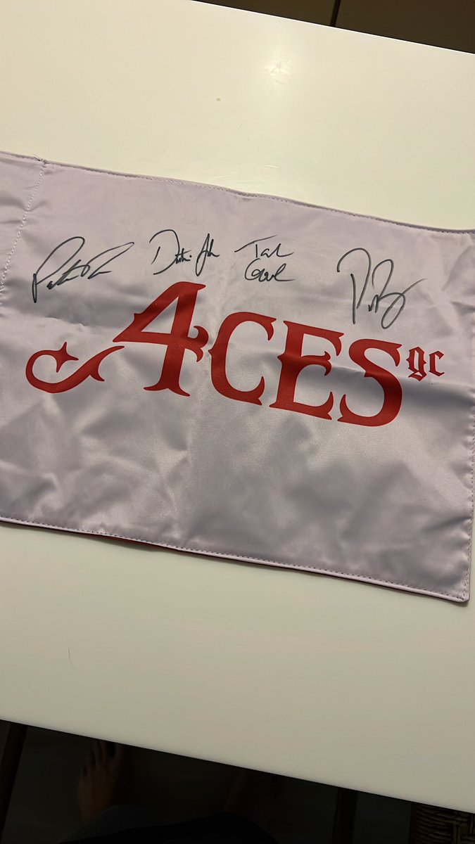 cpgillespie's tweet image. So I got drunk at a charity golf day and bought a signed flag by the Aces from their inaugural LIV victory. #LIVgolf #golf