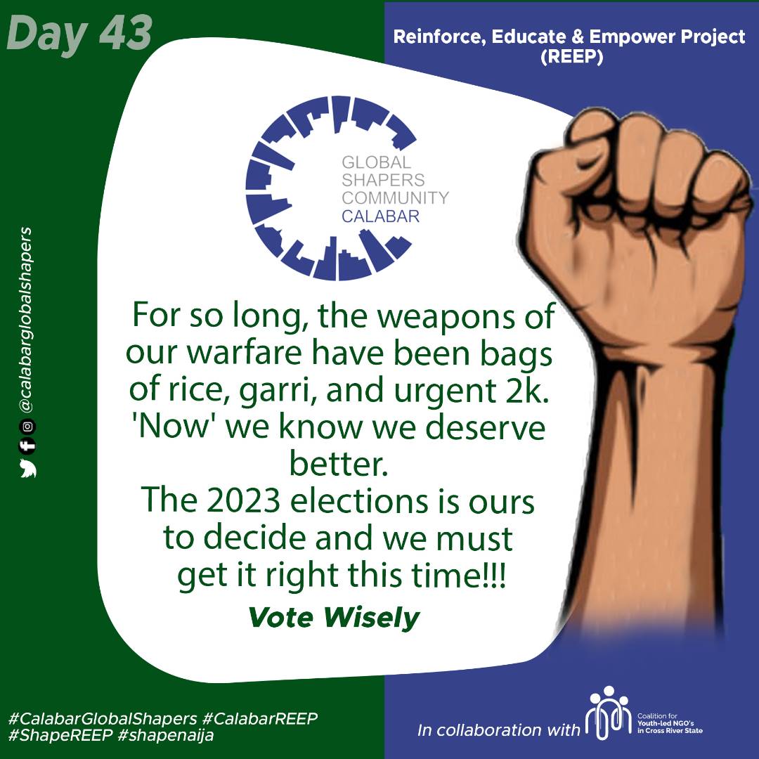 CalabarShapers's tweet photo. Day 43✊💯🇳🇬

@globalshapers
@calabarshapers 
@wef
@globalgoalsUN
@inecnigeria
@YIAGA
 #CalabarGlobalShapers
#CalabarREEP
#ShapeREEP
#Shapenaija https://t.co/got7k8OQgB