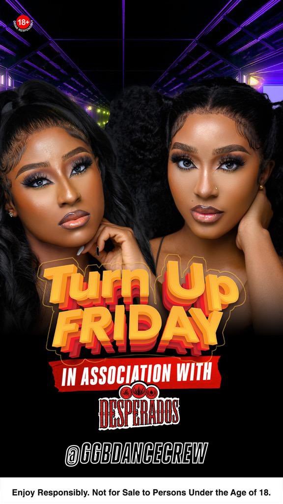 GGBDanceCrew's tweet photo. Turn up Friday is here again.. 💃🏻 💃🏻 
Watch us perform live tonight at 9pm WAT with @Desperadosng 
On DSTV channel 198

#GoDesperados #MadetobeDifferent #TurnUpFriday https://t.co/MNexF2fOa3