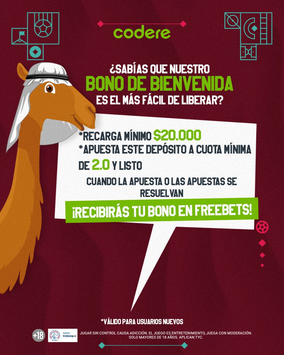 CodereCO's tweet photo. Recibir el bono de bienvenida en #Codere ¡es demasiado fácil! 🐪✅
Sigue los pasos y listo ¡Te abrimos las puertas con hasta $100.000! #Corello https://t.co/BVupQI1Cs2