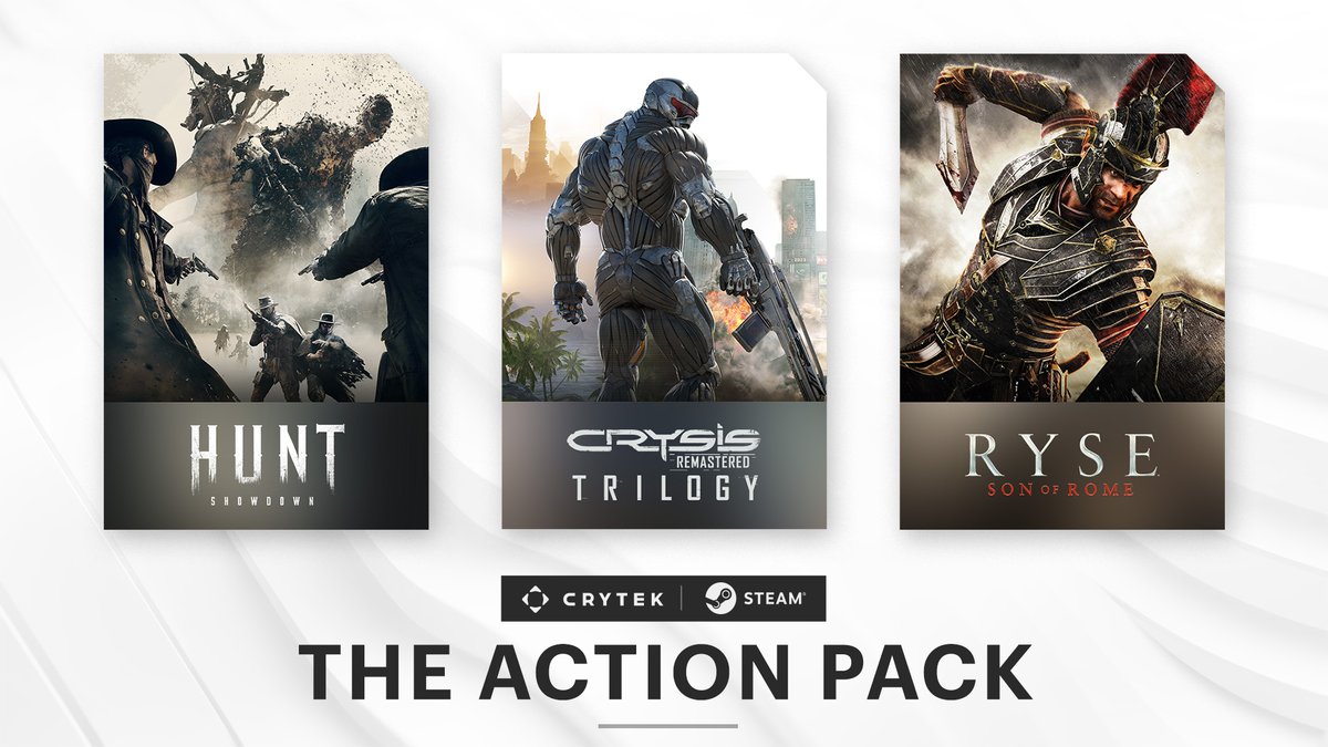 With #CrysisRemasteredTrilogy now on Steam, we've also updated our Crytek Action Pack!

Find it in the Steam Store and get huge discounts on <a href="/HuntShowdown/">Hunt: Showdown</a> + <a href="/Crysis/">Crysis</a> Remastered Trilogy + <a href="/RyseGame/">Ryse: Son of Rome</a> 

⬇️
store.steampowered.com/bundle/22659/T…