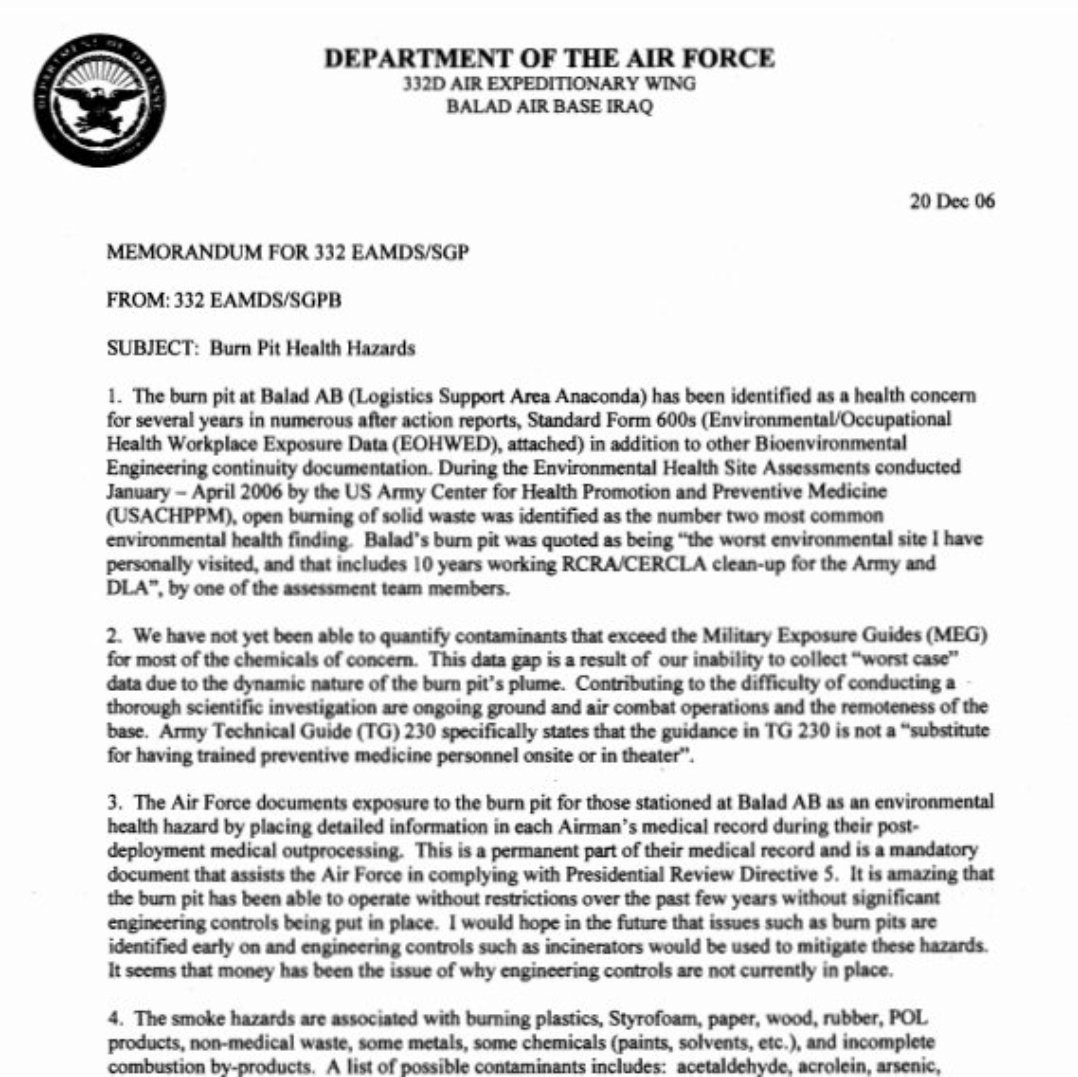GWOTstudies's tweet photo. @4Deadheads Through @wikileaks emphasis on primary documents Julian Assange challenged journalism to evolve into a scientific peer-reviewable enterprise. This is a 2006 US military (Air Force) memo detailing the dangers of #theburnpits 13 years before passage of #ThePACTAct. 
@JoeBiden https://t.co/zVAwiflrrI