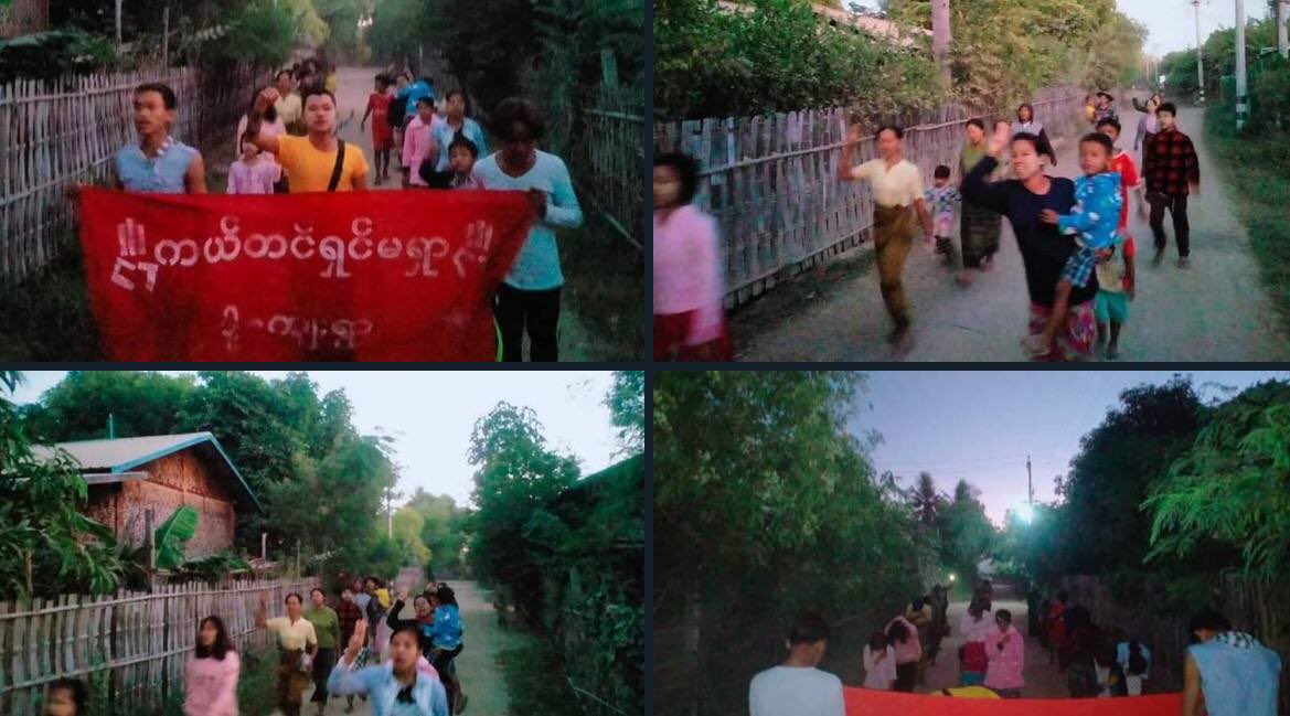yuri_yukimura's tweet photo. Pro democracy youths in a village, Yinmarbin Township, are still marching with vigor to keep opposing the military dictatorship.  #2022Nov25Coup #HelpMyanmarIDPs #WhatsHappeningInMyanmar https://t.co/sKZsG6hvo7