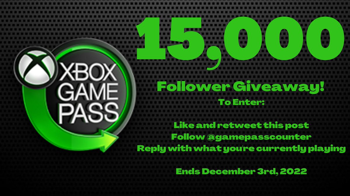 GAMERNEWSonX's tweet photo. GIVEAWAY:

For a chance to win 3 months of #XboxGamePass Ultimate:

•Like AND Retweet this post
•Follow us (@gamepasscounter)
•Reply with what you're currently playing!

Not required, but appreciated:
Follow on TikTok/Instagram/Hive/etc
https://t.co/fEj89gpAPp https://t.co/O9N3mHAsRy