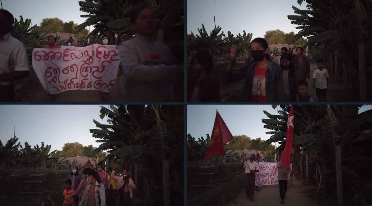 yuri_yukimura's tweet photo. In Shweyekyi village, Yinmarbin township , a protest went on to oppose military dictatorship today.  #2022Nov25Coup #HelpMyanmarIDPs #WhatsHappeningInMyanmar https://t.co/YcoPjoNHfb