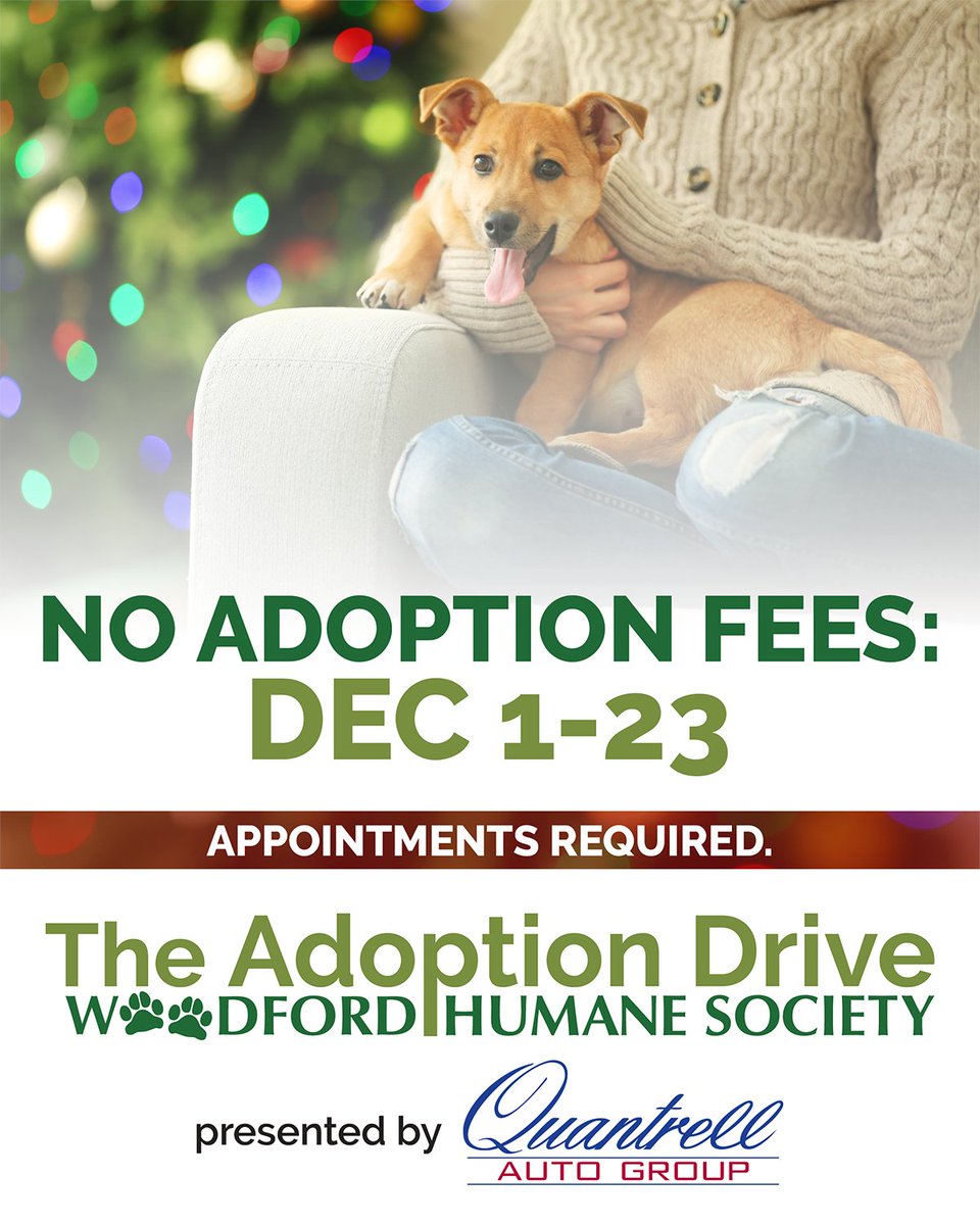 Oooh it's happening! <a href="/QuantrellAG/">Quantrell Auto Group</a> is at it again with the sponsored adoptions! Appointments are required - we start booking at 10:00 am on Wednesday 11/30. Read this before you call: woodfordhumane.org/adoption-cente…