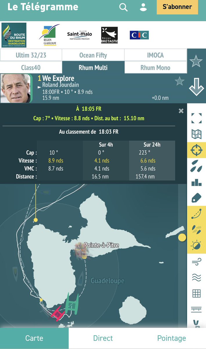 DRALLIEVA's tweet image. 🌞 18H00 en #Bretagne - 13H00 en #Guadeloupe : Ligne d’arrivée en vue pour les deux premiers #RhumMulti 
📣ALLEZ Roland ! ALLEZ Bilou ! 😃
Plus que 15 milles marins = 27,8 km ! 🍹🍌🏝️🍌🍹
#WeExplore #Routedurhum2022 #CIC 
@FondsExplore @kairosjourdain 
@OutremerCat @TerredeLin