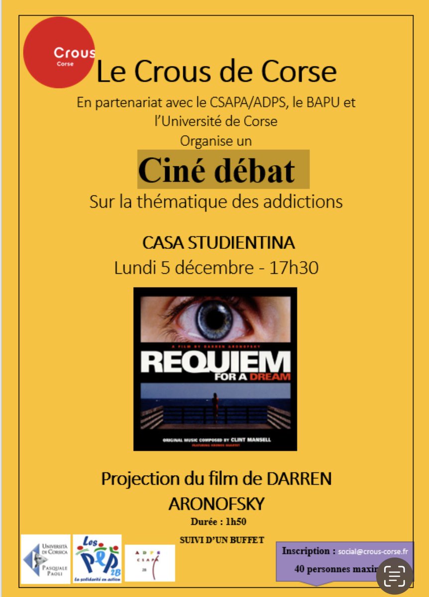 CrousDeCorse's tweet photo. INFO CAMPUS : CINÉ DÉBAT 

Casa Studientina le 5 décembre 2022 à 17h30

On vous attend nombreux !#addictions #débat https://t.co/s2FlzUipVq