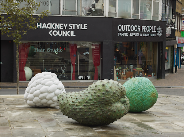 Create_London's tweet photo. Woohoo! We are thrilled that Veronica Ryan has WON the PSSA Marsh Awards for Public Sculpture for her fruit sculptures which we co-commissioned with @hackneycouncil for #HackneyWindrush. Here they are in all their glory! 🤩 @PSSAtweets https://t.co/7HuVfP0YcH