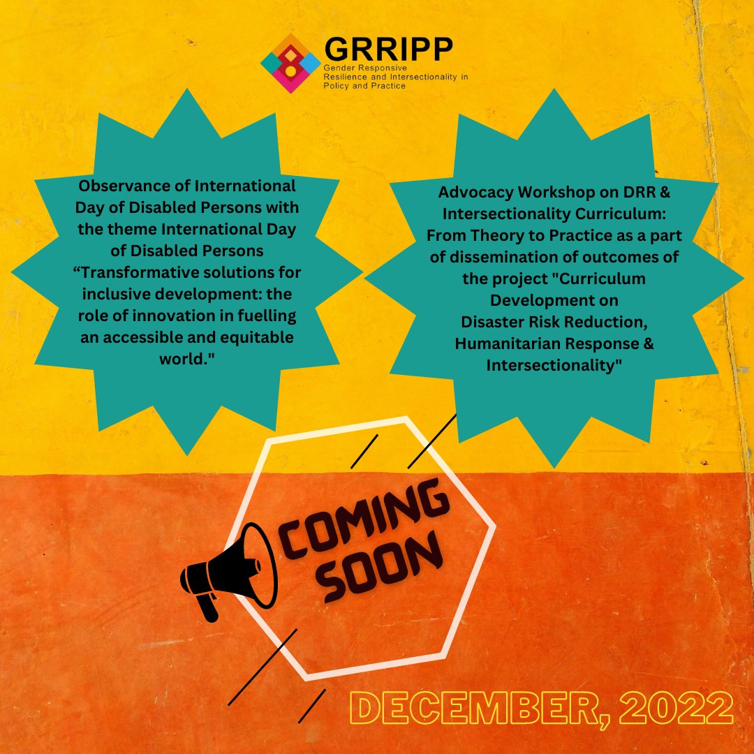 DisastersRadix's tweet photo. #StayConnected and #UPDATED with @GRRIPP_SA for upcoming #events and #activities. 
There will be some #exciting
events in #December from our end! 

#GenderResponsiveResilience @GRRIPP_Africa @grripp @UCLIRDR @UCL_GD @gdn_online @HubGdn https://t.co/sJvvienbMm