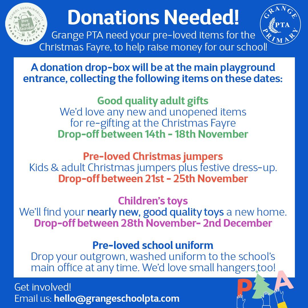 If you're having a pre Christmas declutter this weekend we'll find your nearly new, good quality toys a new home at our Christmas Fayre 🎁

Drop-off between 28th November-2nd December.