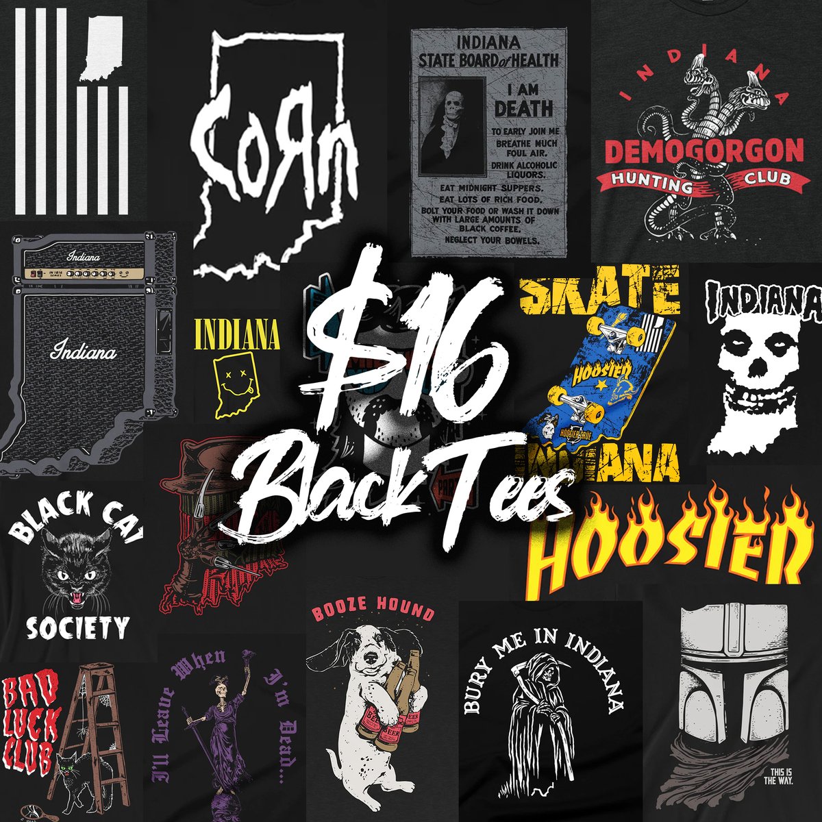 BLACK FRIDAY = BLACK TEES.
It’s Hoosier Week and we’re celebrating with a select collection of $16 black tees (after the sitewide 20% discount).

PLUS: BLACK &amp; WHITE FRIDAY
Get a free Indy 500 sticker when you spend $40 from our official 500 Collection.

Deals last all week!