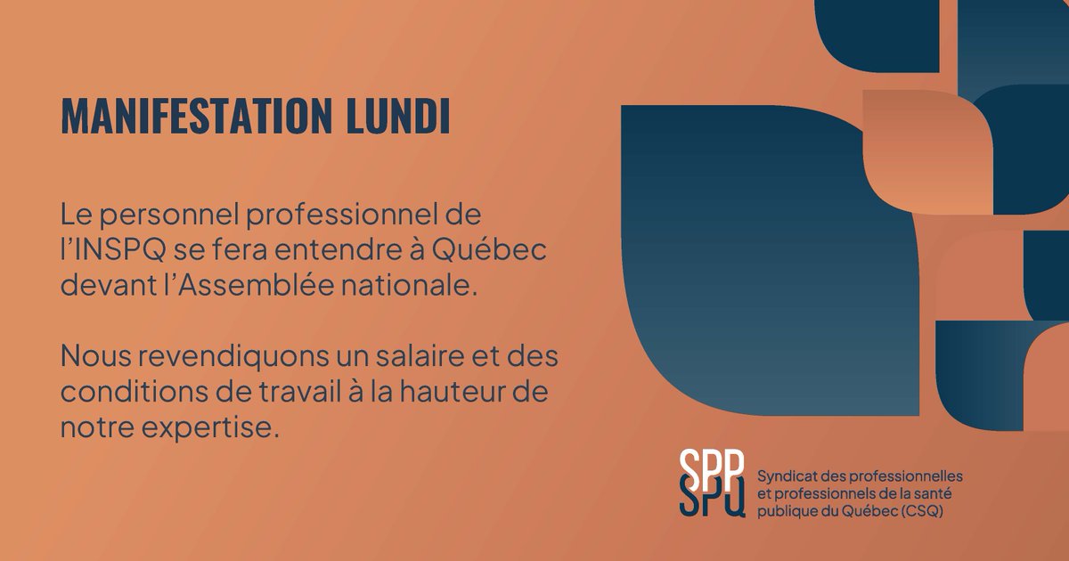 SPPSPQ's tweet photo. Les membres du SPPSPQ-CSQ manifesteront à Québec devant l’Assemblée nationale dès 11h et marcheront vers le Conseil du trésor. 

Nous serons en grève, venez nous appuyer! #sppspq #polqc @INSPQ @slebel19 @cdube_sante @francoislegault @sante_qc https://t.co/swThy6OdH8