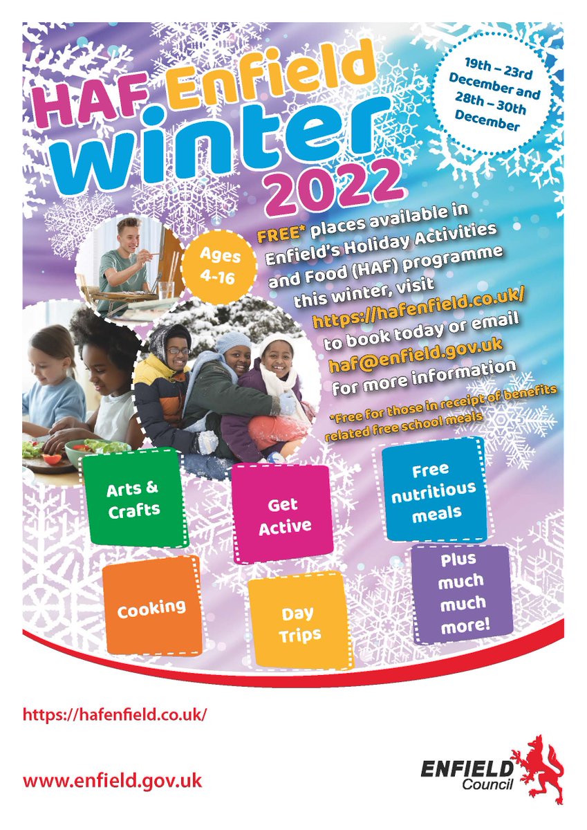 Young people receiving benefits like free school meals can receive up to 4 days of FREE fun and food across Enfield this December. Each day includes a hot meal, snacks and activities like football, coding and cooking! To book, email haf@enfield.gov.uk