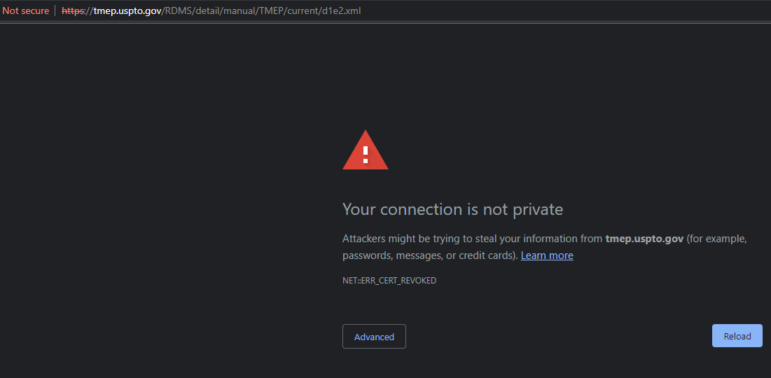 MJMillerEsq's tweet photo. @uspto Any chance you could fix the certificate issue with the TMEP page? https://t.co/qHROWd9MfR