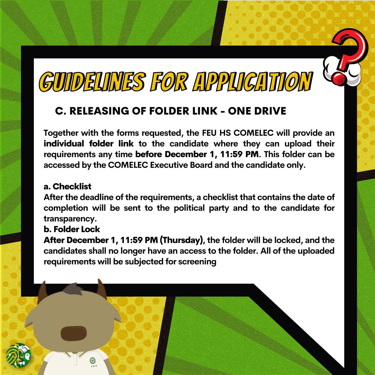 FEUHSCOMELEC's tweet photo. For those students who are interested and wants to be a part of the FEU HSSG, we would like to inform you that today, 𝐍𝐨𝐯𝐞𝐦𝐛𝐞𝐫 𝟐𝟓, 𝟐𝟎𝟐𝟐, is the start of submission of requirements and filing of your COC until 𝐃𝐞𝐜𝐞𝐦𝐛𝐞𝐫 𝟏, 𝟐𝟎𝟐𝟐 (𝐓𝐡𝐮𝐫𝐬𝐝𝐚𝐲; 12 nn) https://t.co/1Ky1gD2QPu
