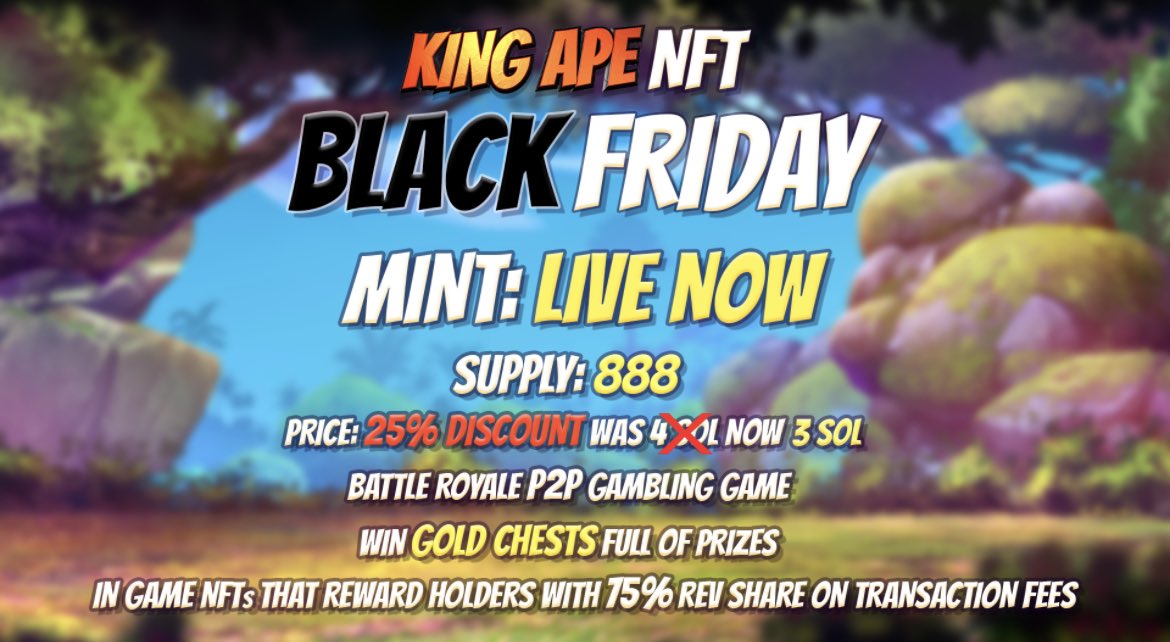 🚨MINT LIVE🚨 

KING APE Mint is now live via <a href="/Immers3Labs/">Immers3</a> Launchpad: kingape.immers3launch.com

Supply: 888 
Price: 3 SOL 

P2P Battle Royale Gambling Game ⚔️ 

Holders: 
In-game fighter NFT’s 🥊 
Earn 75% revenue share 💰 
Daily Banana Airdrop 🍌

Happy Black Friday!