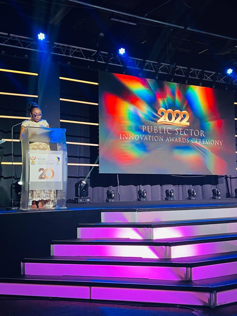 cpsi_sa's tweet photo. Deputy Minister for @thedpsa @DrPilane_Majake giving opening remarks at the 20th #PSIAwards2022 #unlockinginnovation https://t.co/ezgAGDl5rQ