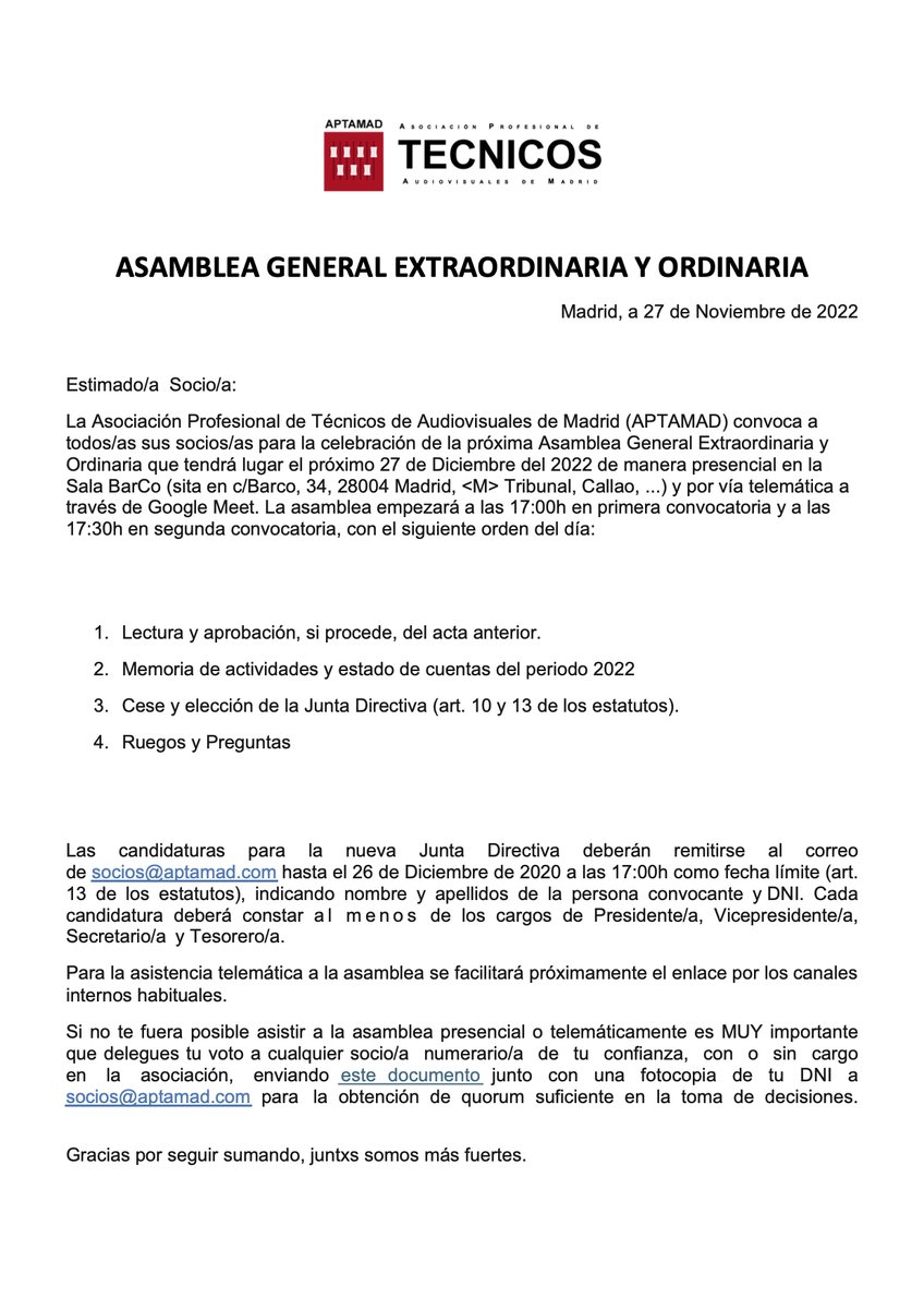 Convocamos a todos/as los/as socios/as de #APTAMAD a la celebración de la próxima Asamblea General Extraordinaria y Ordinaria el 27 de Diciembre a las 17:30h en la Sala BarCo C/Barco, 34 Madrid. ¡Os esperamos!