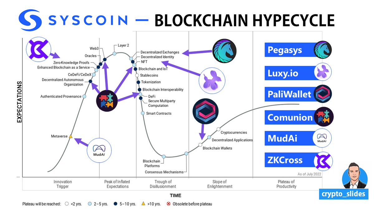 @syscoin ecosystem partners are covering the @Gartner_inc hypecycle for #blockchain quite well ✅  Here you can see a few of them ⤵️ #Syscoin @Comunion01 @thezkcross @PegasysDEX @MudAi_metaverse @Luxy_io @PaliWallet