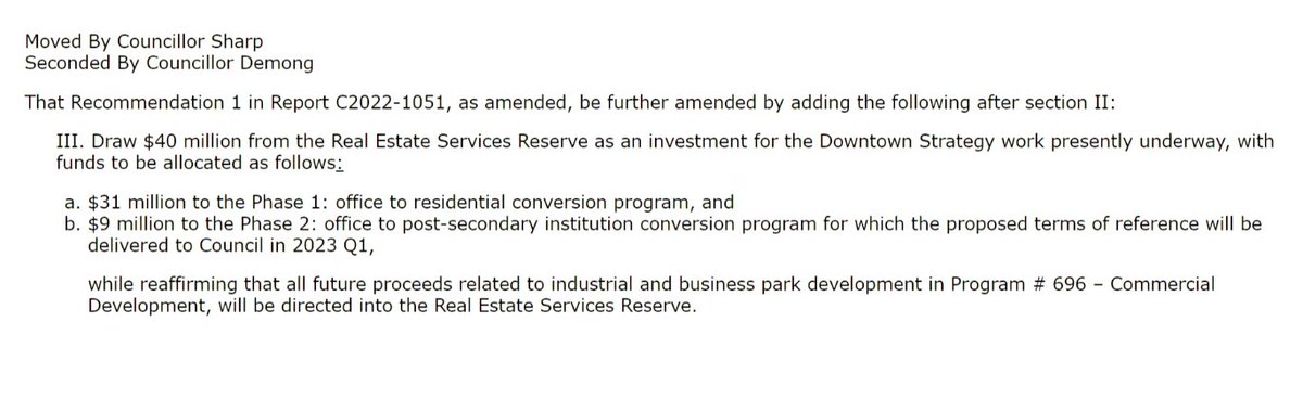 Coun. @SonyaSharpYYC and @peterdemong bringing forward an amendment now that would draw $40M from real estate services reserve for investment in the downtown strategy. #yyccc