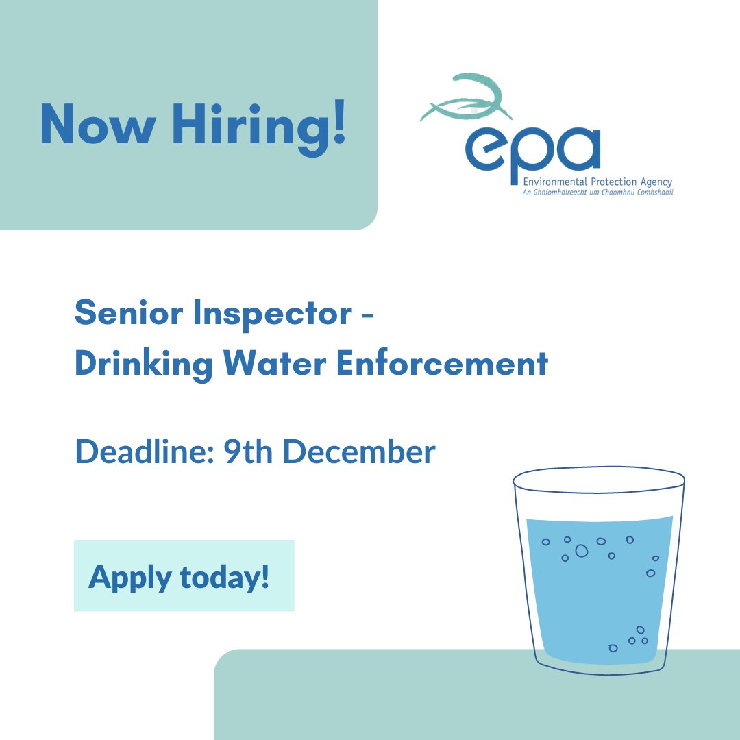 Interested in drinking water quality? The EPA is looking for a manager to lead its Drinking Water Enforcement Team. Apply now 👉 bit.ly/3AJJMTM

#JobFairy #Career #Dublin #Wexford #Hiring #Recruitment #WexfordJobs #CorkJobs