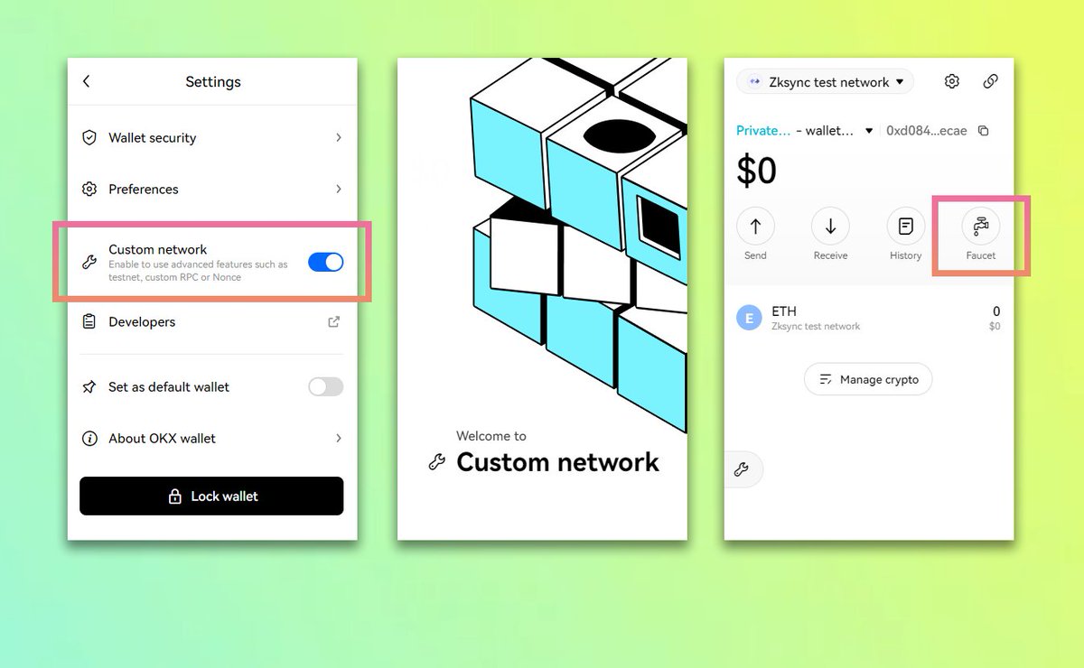 Upgrade! zkSync2.0 testnet on OKX Wallet extension 1. OKX Wallet extension  has launched the zkSync 2.0 testnet, function of the mainstream faucet can  be implemented 2. Advanced features like custom RPC can