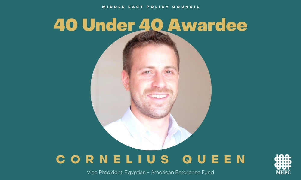 MidEastPolicy's tweet photo. #MEPC40Under40 feature: @Cornelius_Queen is a Vice President at the @EAEFund, a fund established by Congress to support Egypt's private sector. He earned a M.A in Law and Diplomacy from @TuftsUniversity and his B.A. from @JohnsHopkins. Congratulations! https://t.co/NC3wOyDxy1 https://t.co/7nj8cZl72E