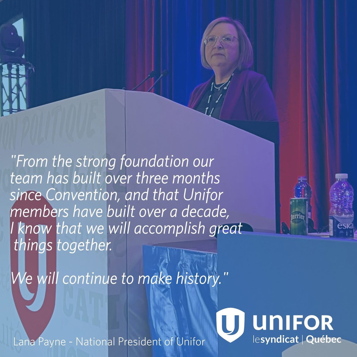 UniforTheUnion's tweet photo. #Unifor is ready to stand up for workers. @Lanampayne tells members at @uniforquebec Regional Council that great things will be accomplished through the strength and solidarity of the union. 

#canlab #qcpoli #cdnpoli https://t.co/ConIKYAbG1