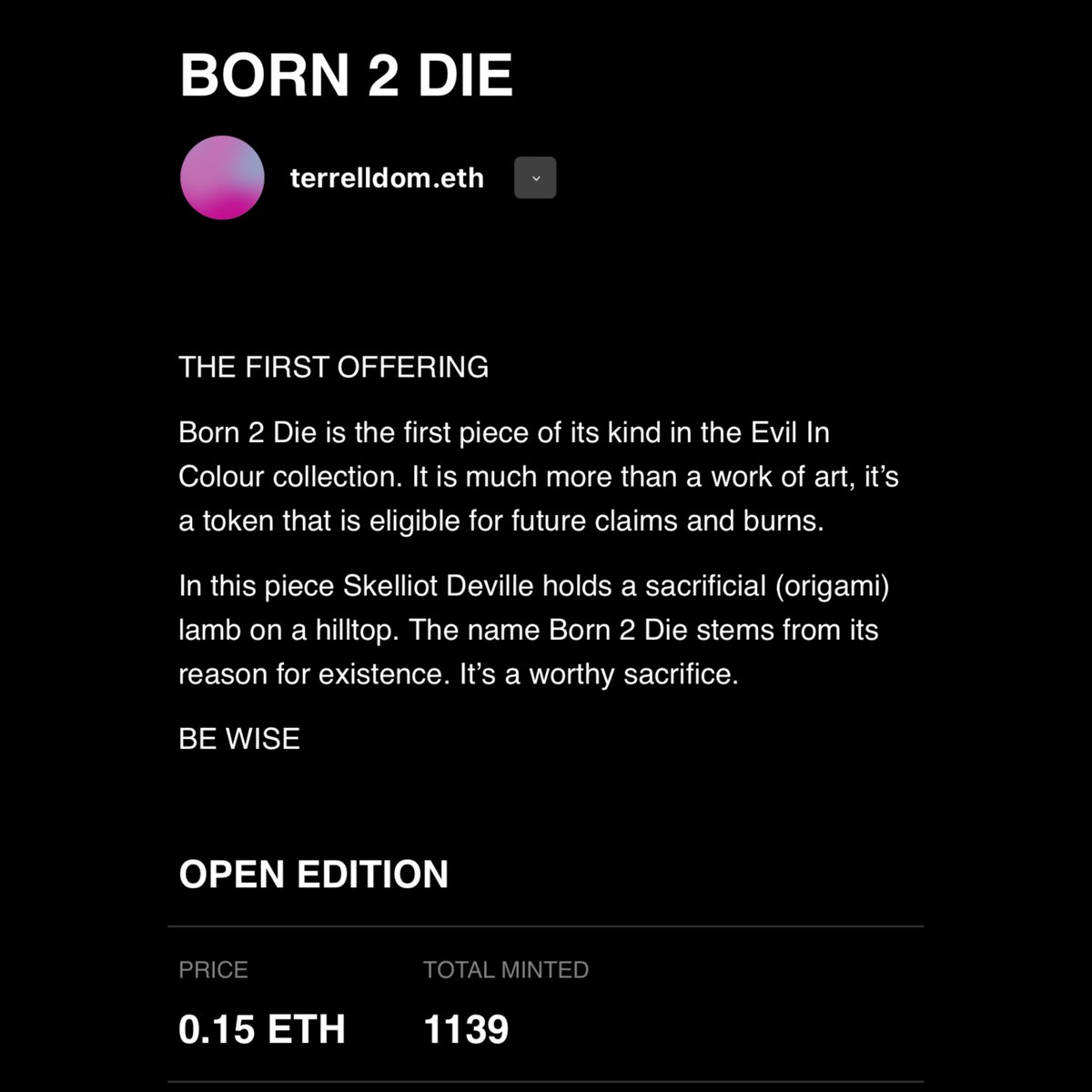 i don’t know what to say. this amount of support is unprecedented for me. i’m so grateful for every last one of you.

1139 mints (170 ETH volume) for an open edition?! i’m speechless