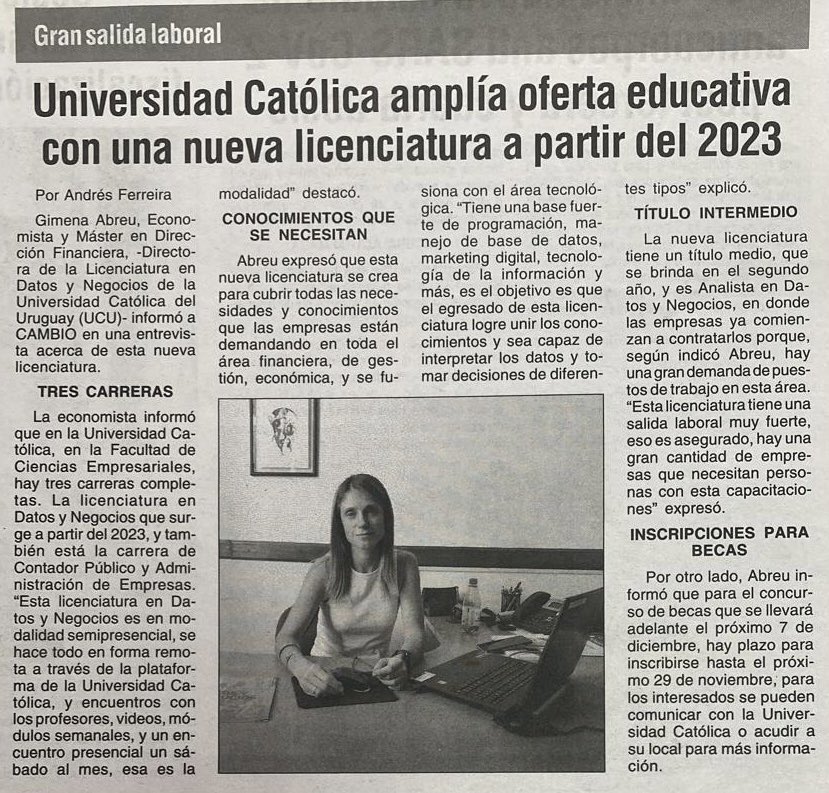 ForoTechSalto's tweet photo. Compartimos nota sobre la nueva Licenciatura en Datos y Negocios de UCU. https://t.co/EFZdpG73up