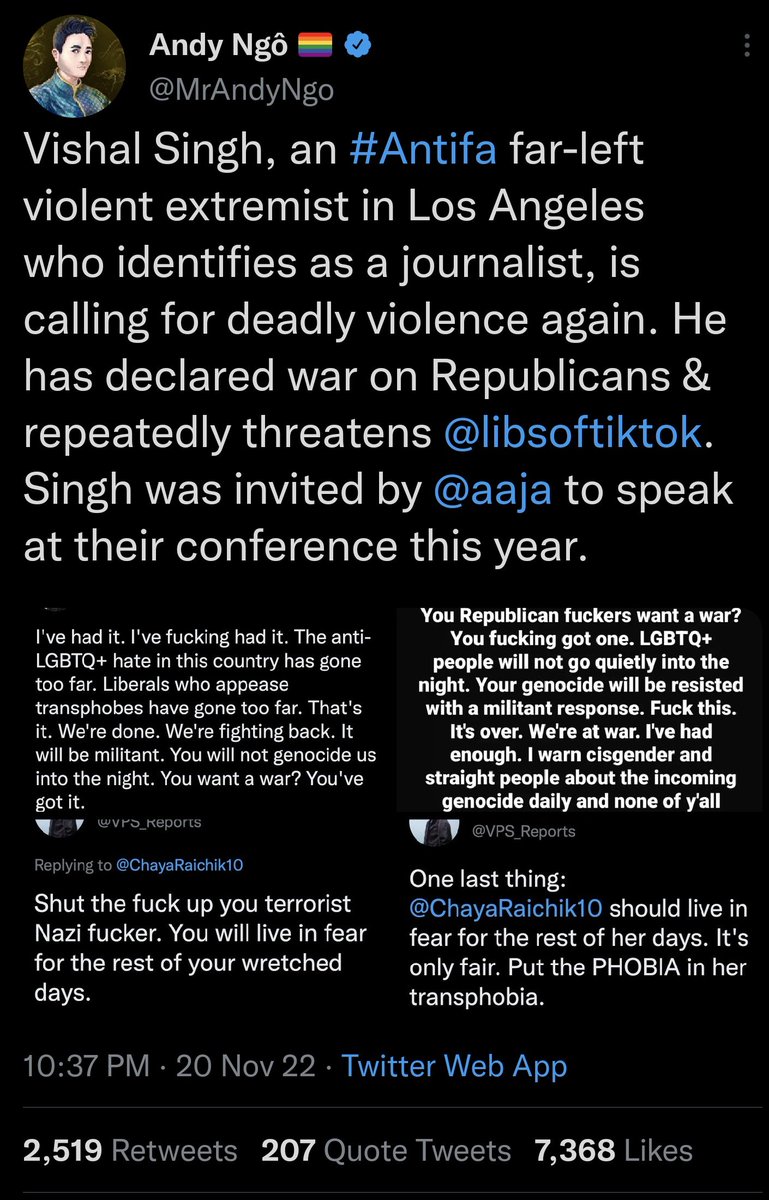 stevanzetti's tweet photo. Recently, Musk has been responding actively to Andy Ngo, who has called Vishal  a "violent extremist" due to their Twitter posts, not due to any actual violence committed. Ngo has not condemned right wing rhetoric that calls for "war" against "groomers."

https://t.co/JY5ES48suz https://t.co/KI1IqYDnWn