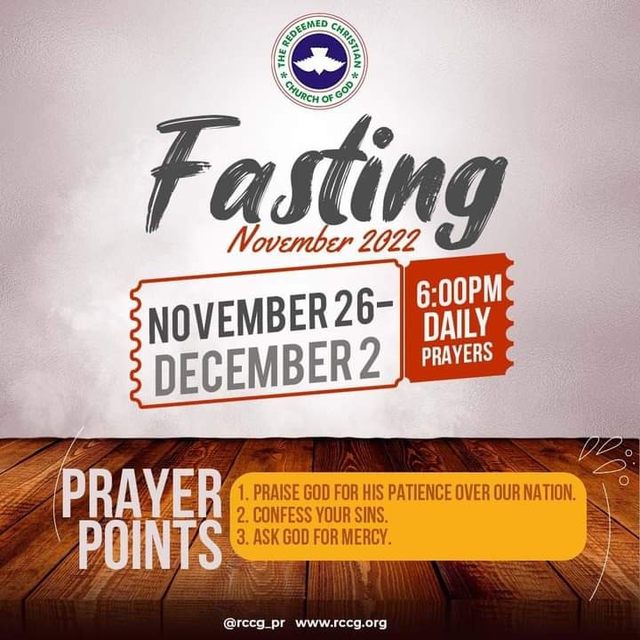 Rccgkt's tweet photo. Join us by 6pm daily from tomorrow 26th of November to 2nd of December 2022 for the Rccg November 2022 fasting. #rccgkingthrone #RCCGYAYA #rccgworldwide #Nigeria #youthministry #ileife #RCCG #rccgfasting https://t.co/Wm9AuqdObk