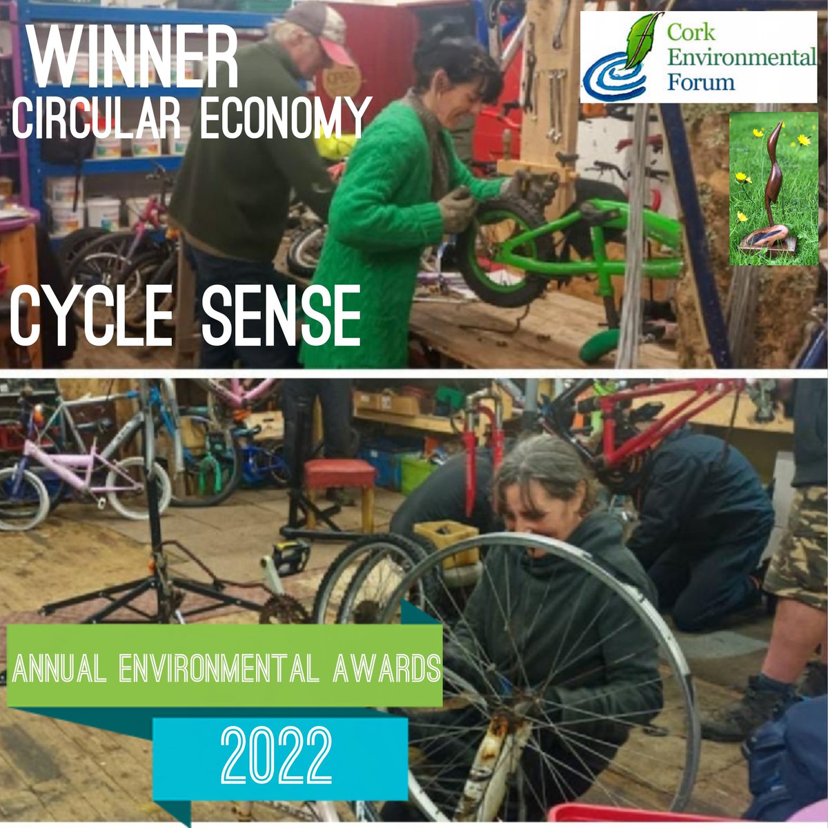 EnvironForum's tweet photo. The popularity of the recently established Circular Economy category continues to grow and we are delighted to announce the @SkibbereenIRL  based @CycleSenseIE  as this year’s Winner. Cycle Sense's reuse projects help to reduce the need for raw materials @CRNIreland @circuleire https://t.co/M5ZO5YdUxO