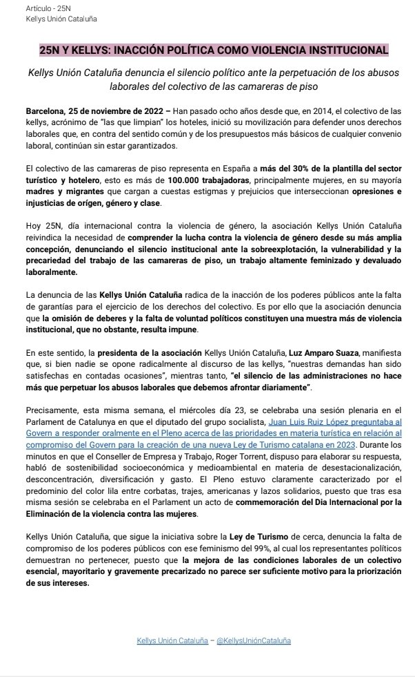 KellysunionCat's tweet photo. Hoy día internacional de la violencia de género las kellys queremos denunciar que hay muchas clases de violencia. Comunicado de @KellysunionCat @MenorcaUnion @laskellysast @amb_cura @KellysUnioneus2 @KellysUnio @UnionKellys @ignifugas_ @MaradelMarJimn6 https://t.co/evjYlAj0f5