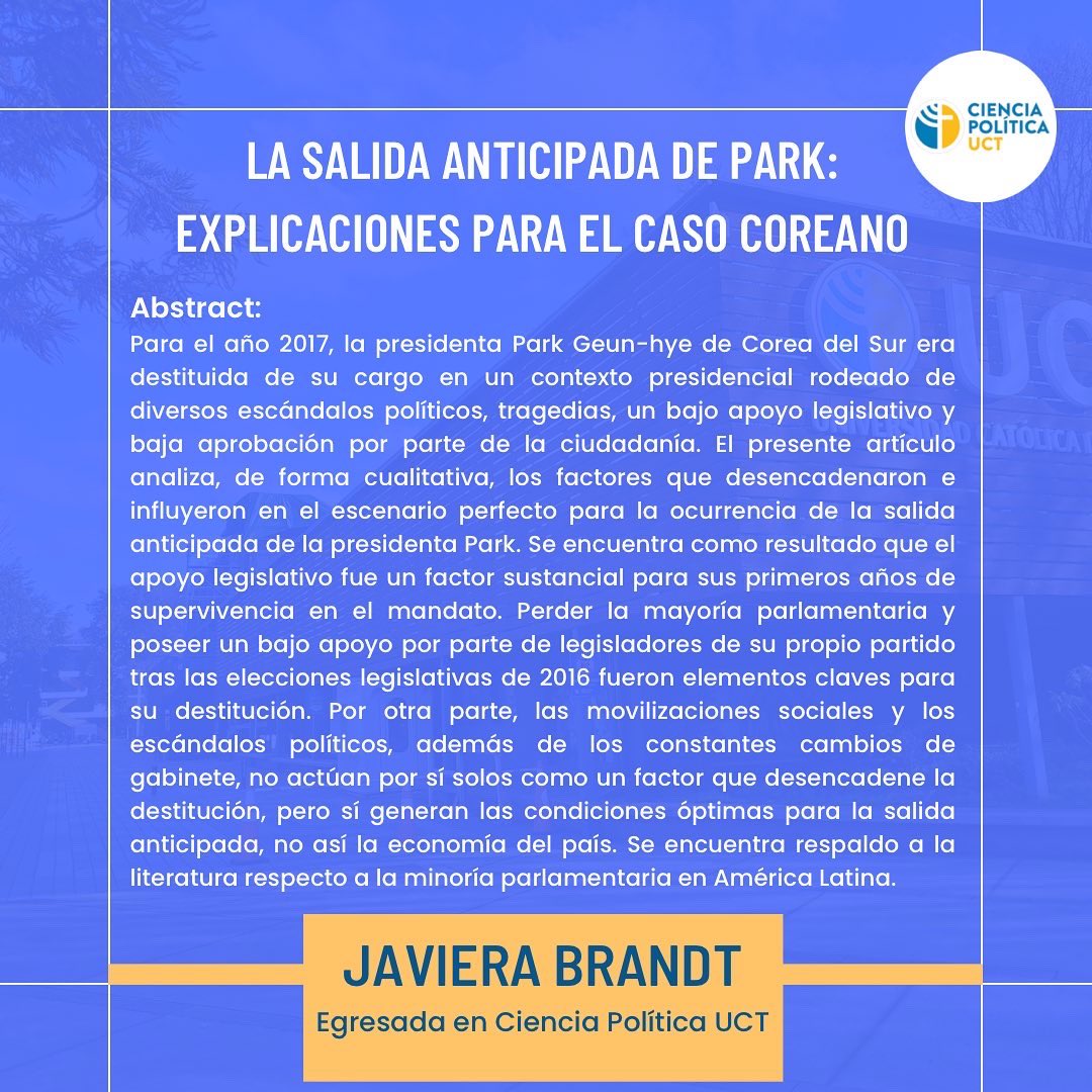 Felicitamos a Javiera Brandt, quien recibió el reconocimiento a #MejorTesis2022 por “La salida anticipada de Park: explicaciones para el caso coreano” guiada por el profesor y Dr. en Ciencia Política <a href="/martineznourdin/">Christopher A. Martínez</a> - <a href="/UC_Temuco/">UC Temuco</a> #CienciaPoliticaUCT