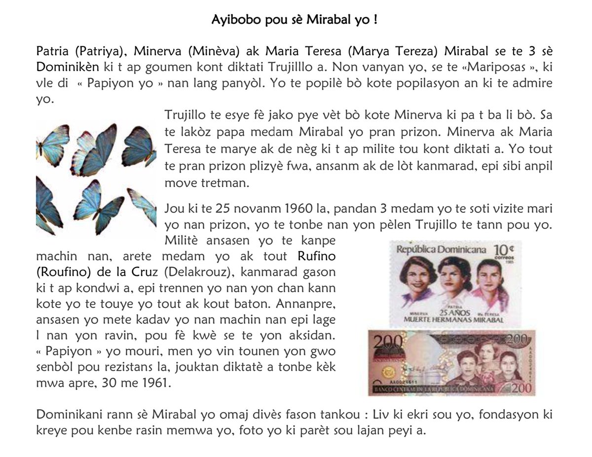 KayFanmAyiti's tweet photo. Jou ki te 25 novanm 1960 la, 3 sè #Mirabal yo te tonbe nan yon pèlen Trujillo te tann pou yo. #Papiyon yo mouri, men yo vin tounen yon gwo senbòl pou rezistans la. Se pou sa, jounen #25novanm tounen Jounen entènasyonal kont vyolans sou fanm.
#KwapeVyolans #Mariposas #16jou https://t.co/sZVpdWYzJX